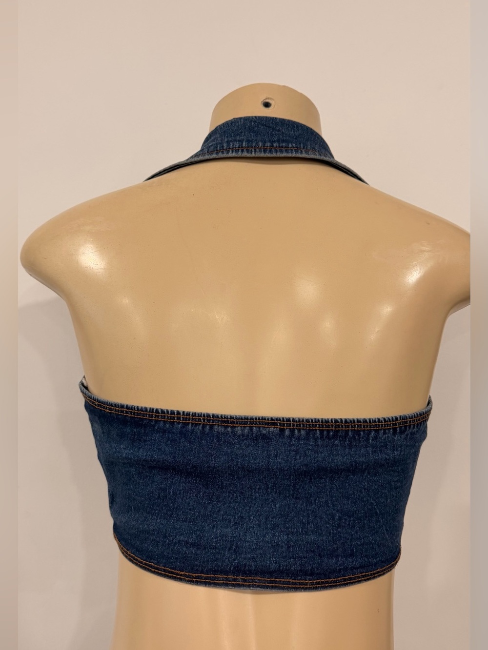 Dark Blue Denim Tie-Front Crop Top with Collar - Picture 4 of 5